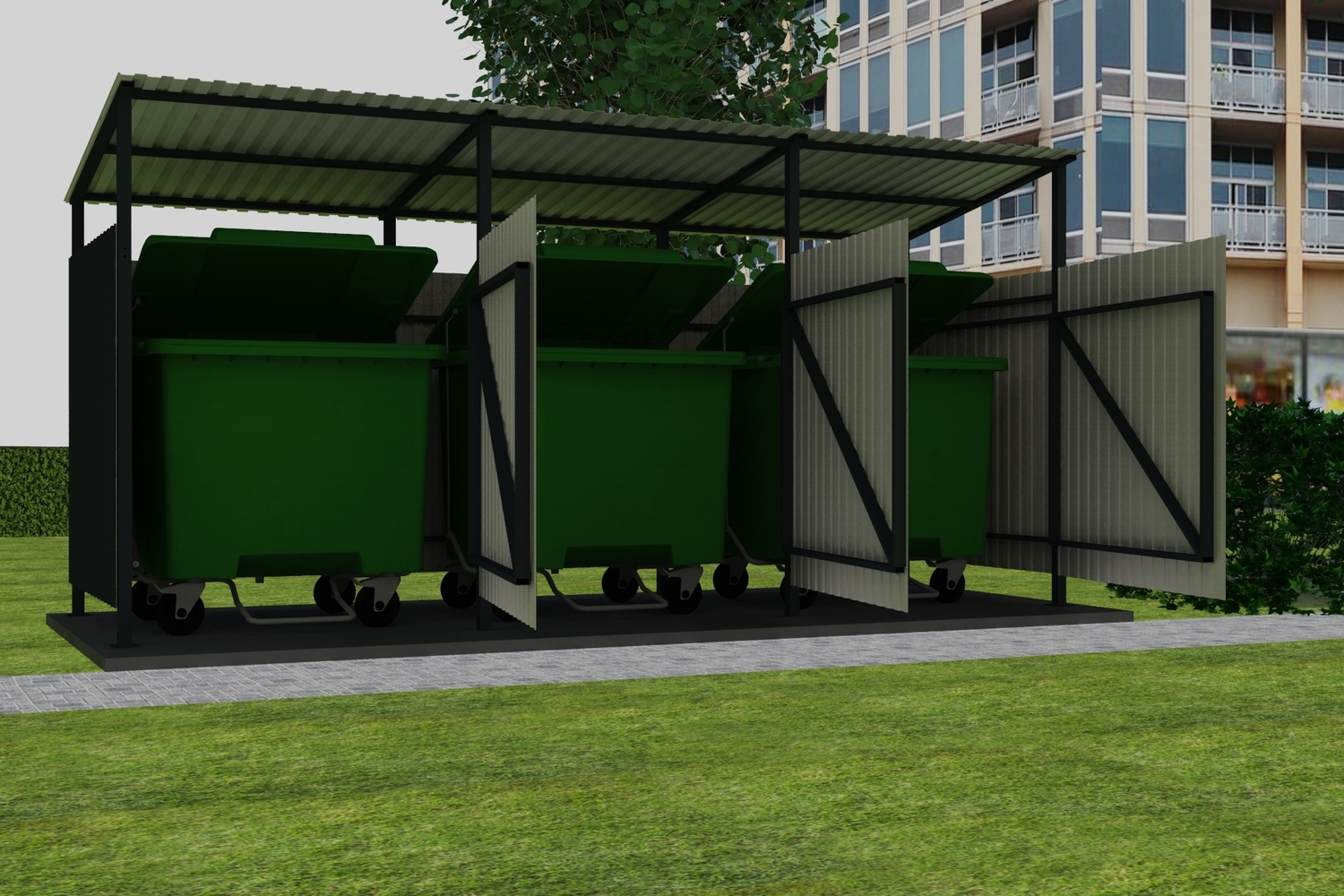 Контейнерная площадка КПКД-3 на 3 контейнера с крышей и дверьми