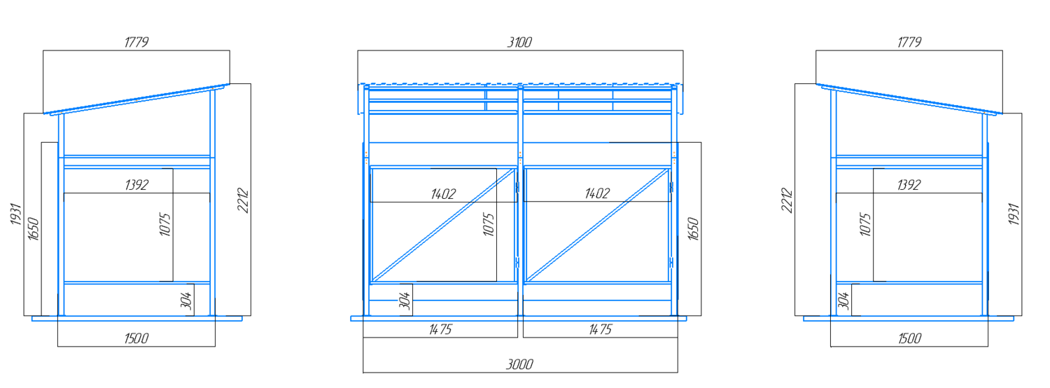 Чертеж контейнерной площадки КПКД-2 на 2 контейнера с крышей и дверьми