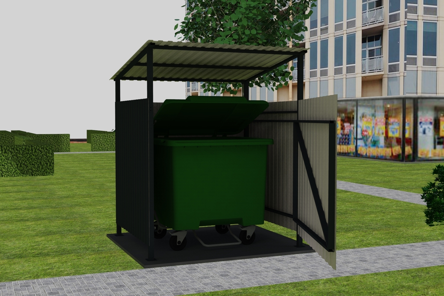 Контейнерная площадка КПКД-1 на 1 контейнер с крышей и дверью