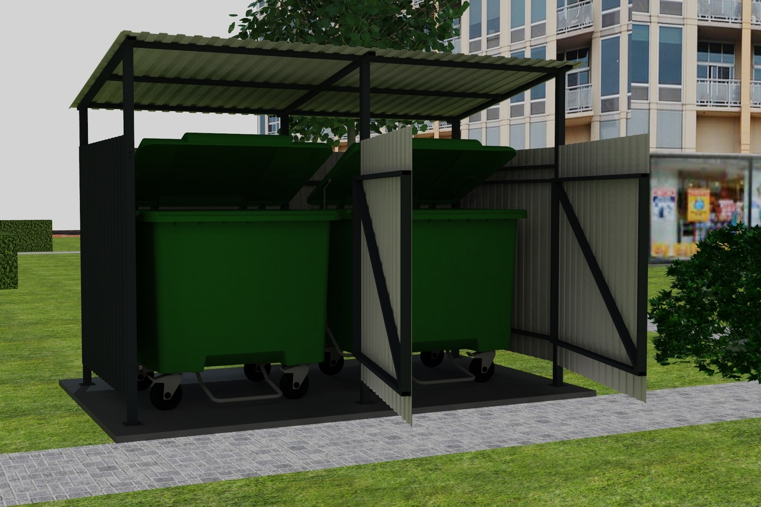 Контейнерная площадка КПКД-2 на 2 контейнера с крышей и дверьми